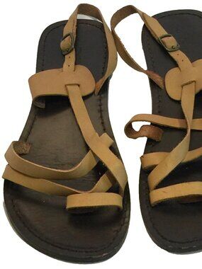 PINK STUDIO BEIGE BROWN 100% LEATHER TOE LOOP STRAPPY VINTAGE SANDALS WOMENS 7
